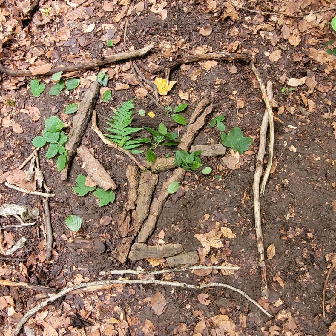Aus Blättern und Stöcken legen wir wunderschöne Bilder auf dem Waldboden.
